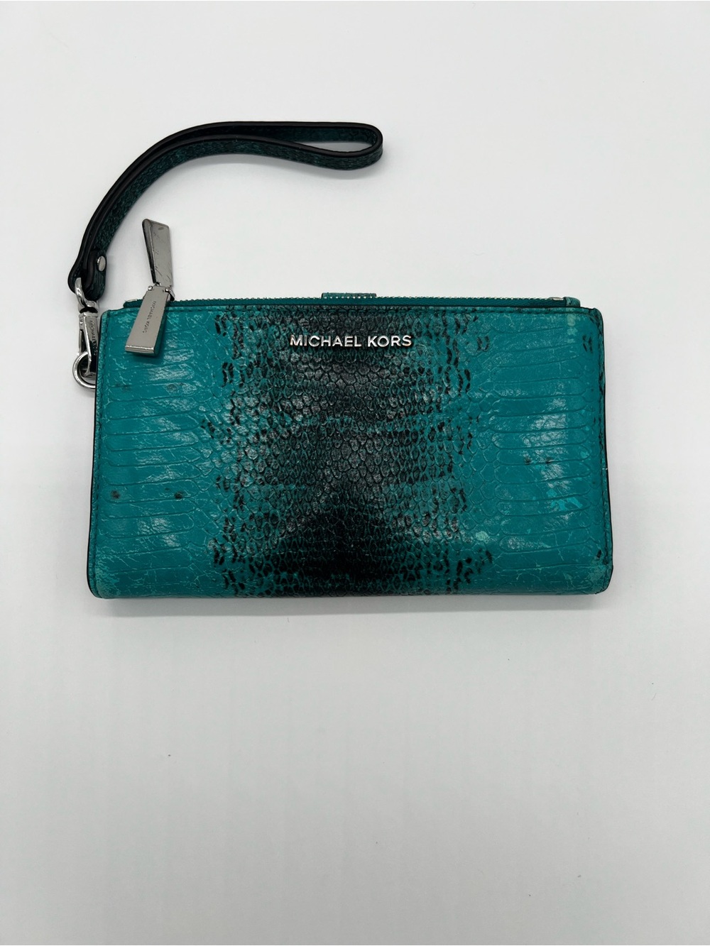 Michael Kors Teal and Black Snake-Embossed Wristlet